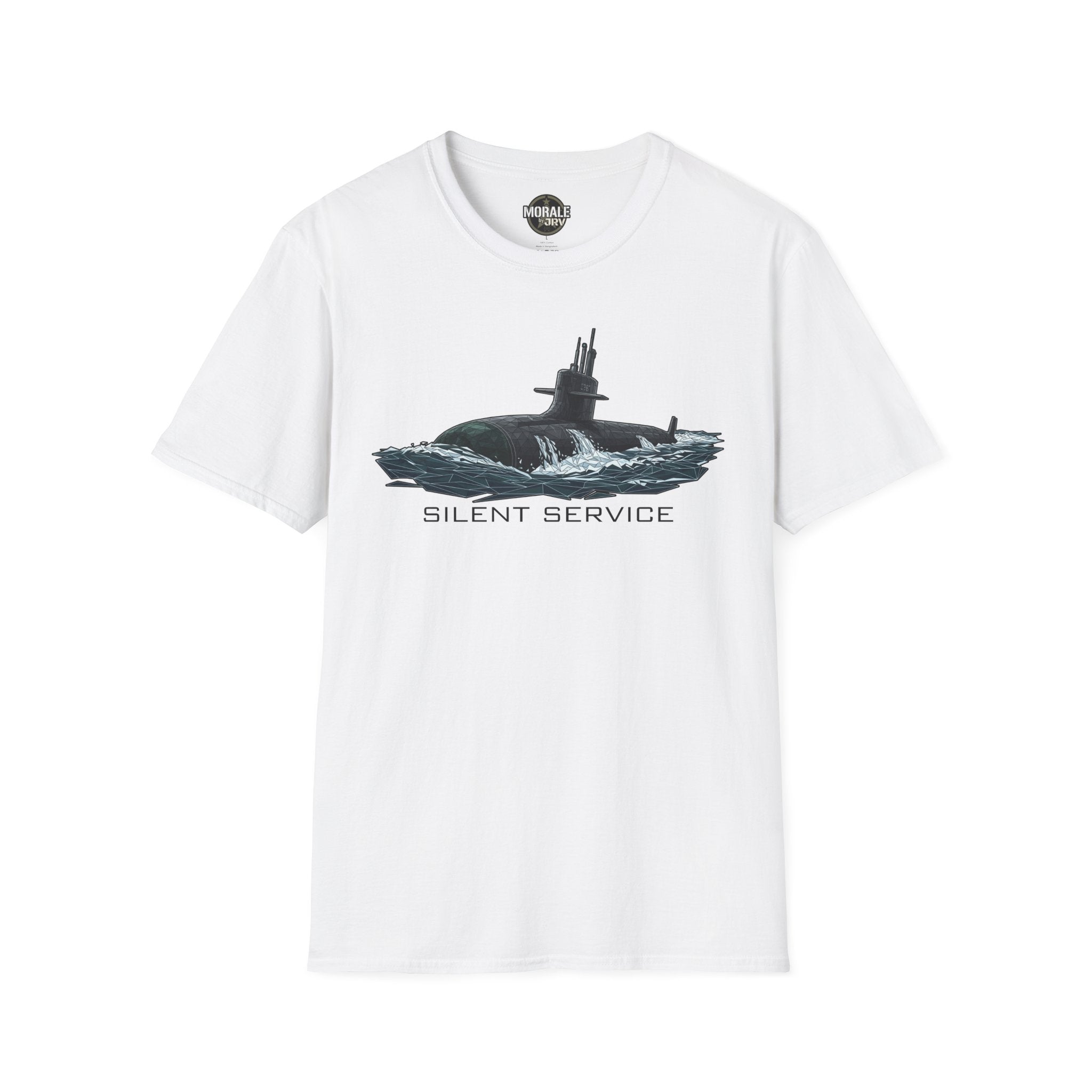 Silent Service T-shirt in white, submarine graphic with SILENT SERVICE lettering