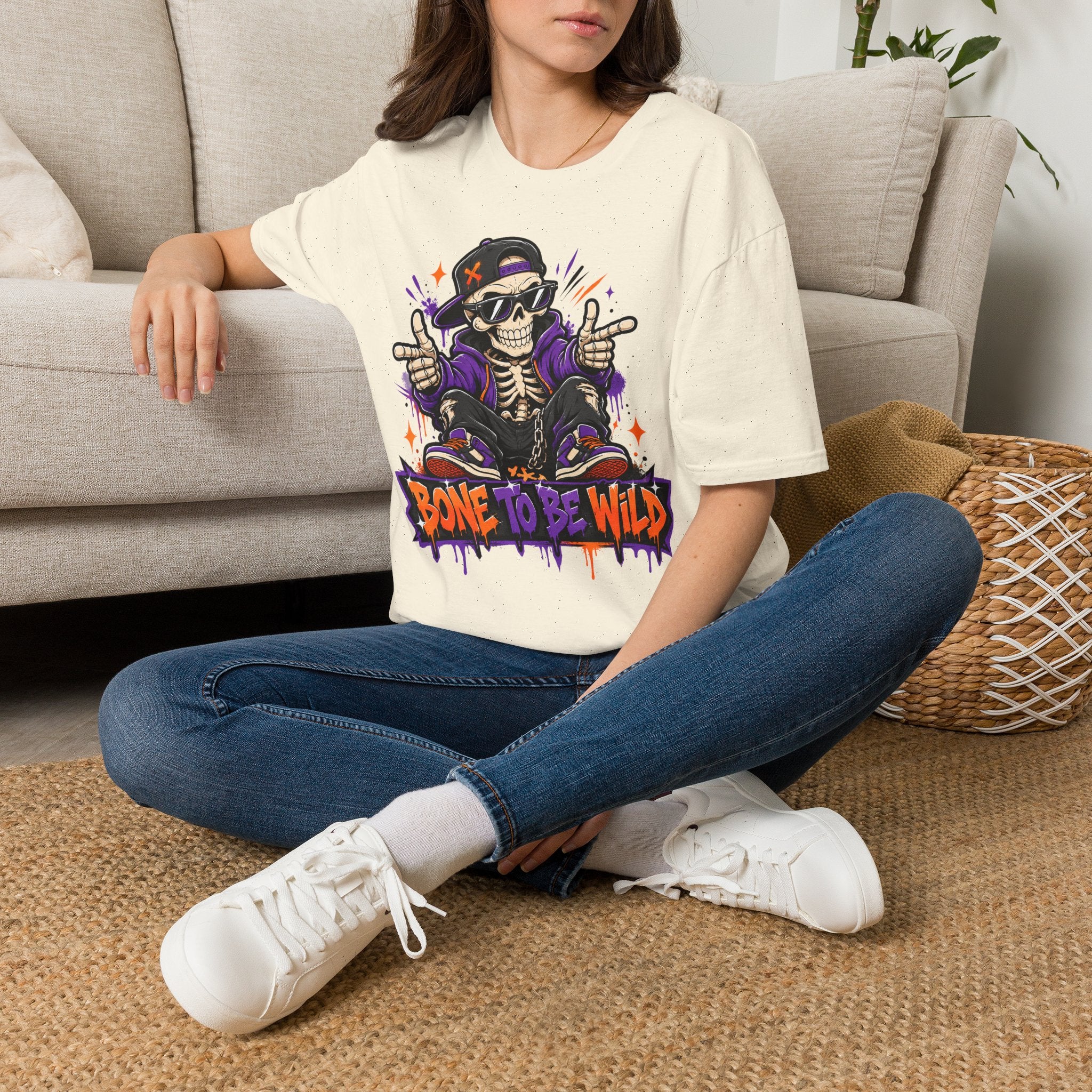 Natural/cream crewneck short-sleeve T-shirt with colorful DJ skeleton graphic