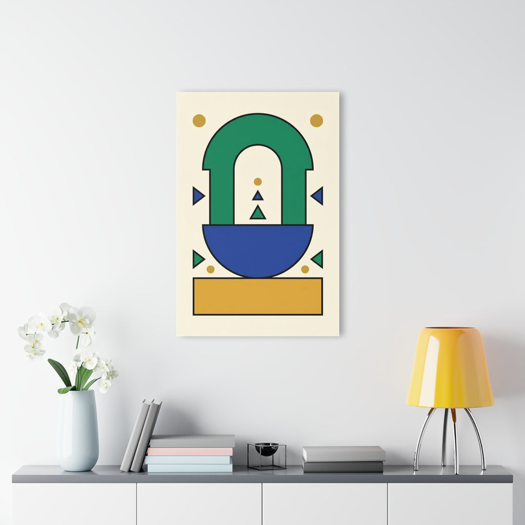 Centered abstract arch print with green doorway, blue base and gold bar on cream