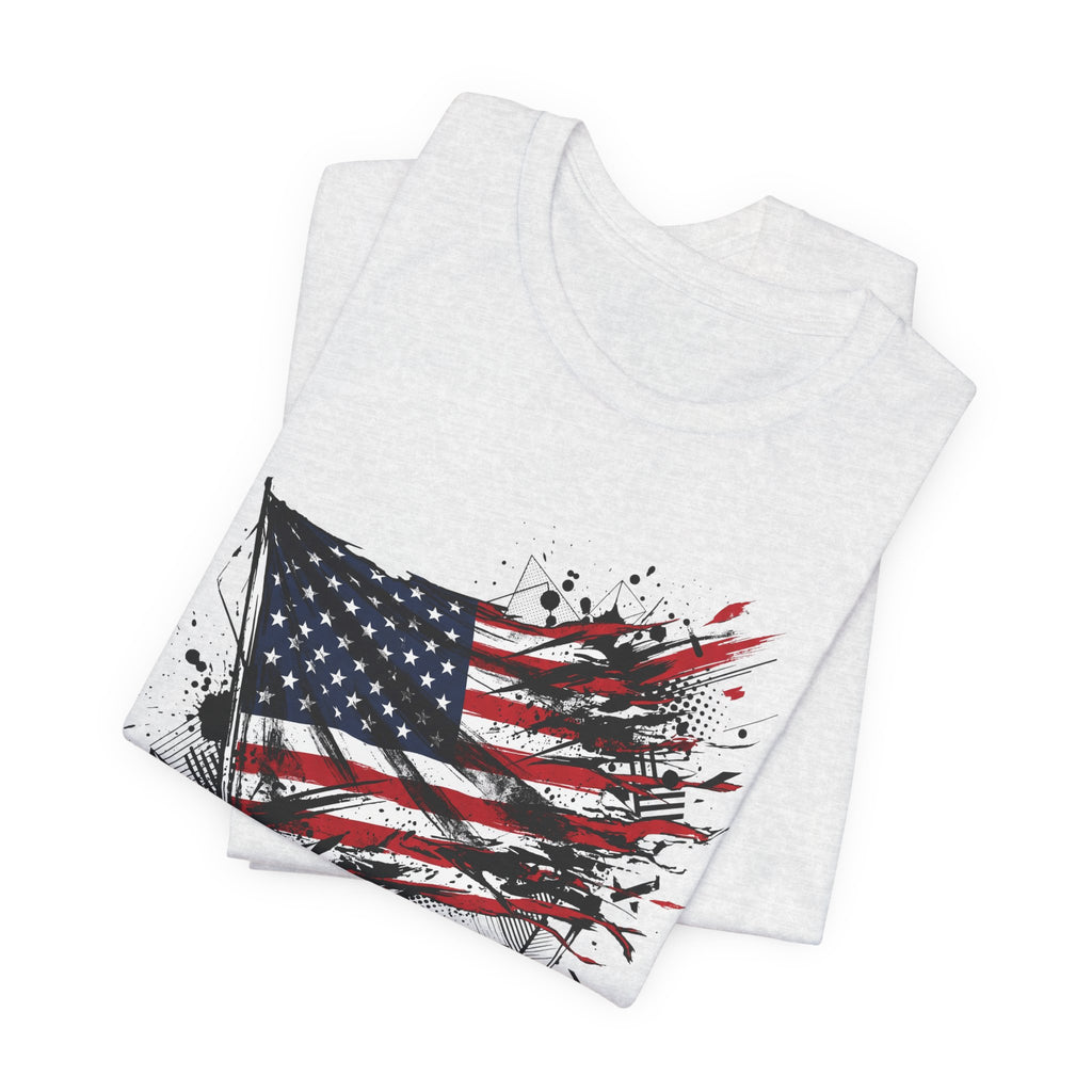 Set of light gray crew-neck t-shirts with distressed American flag and 'Old Glory'.