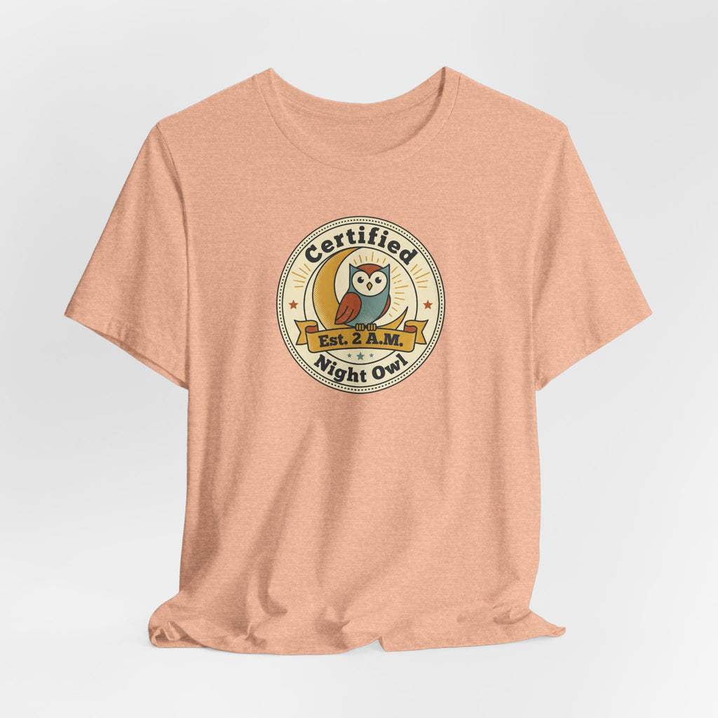 Peach Night Owl badge graphic T-shirt with round Certified logo on front