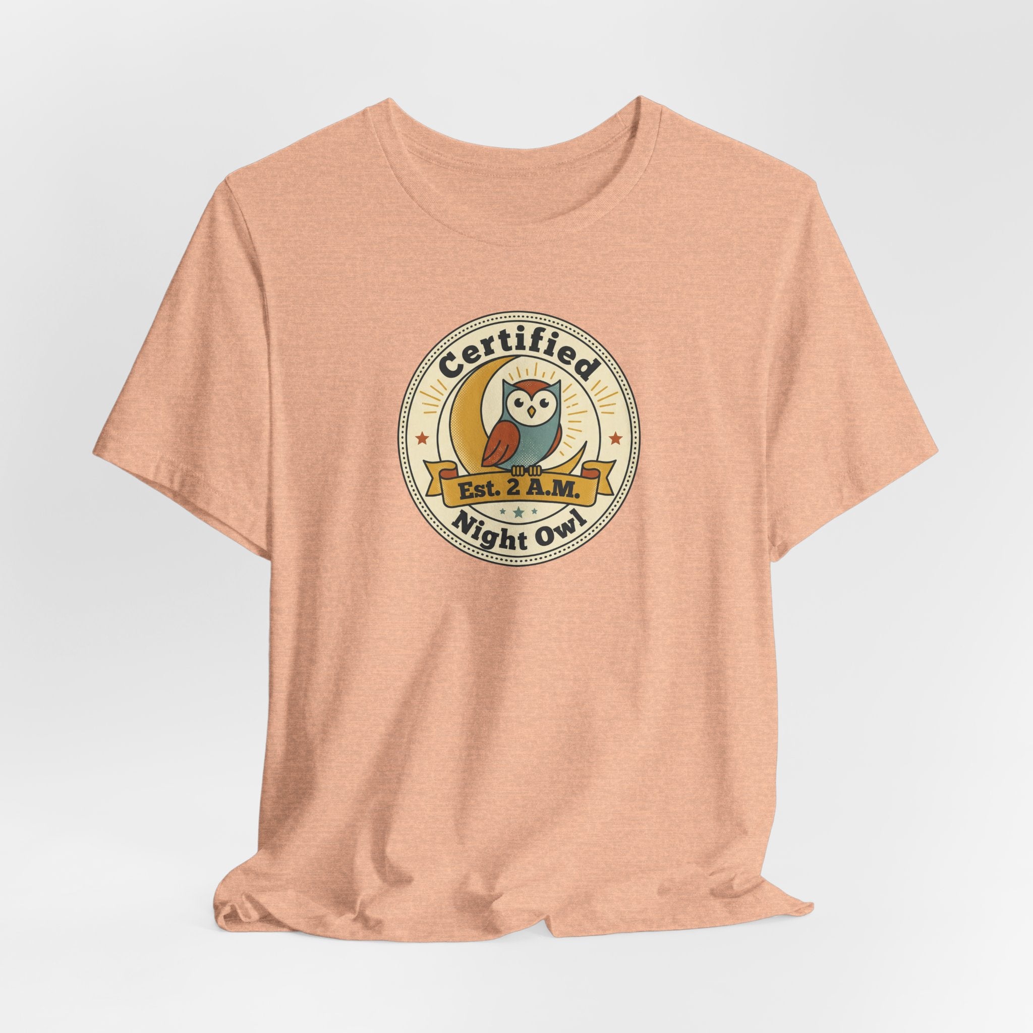 Peach Night Owl badge graphic T-shirt with round Certified logo on front