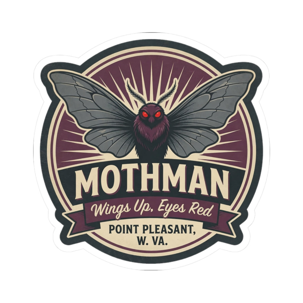 Mothman emblem kiss-cut sticker: round emblem with batlike wings and a red-eyed center