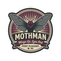 Mothman emblem kiss-cut sticker: round emblem with batlike wings and a red-eyed center