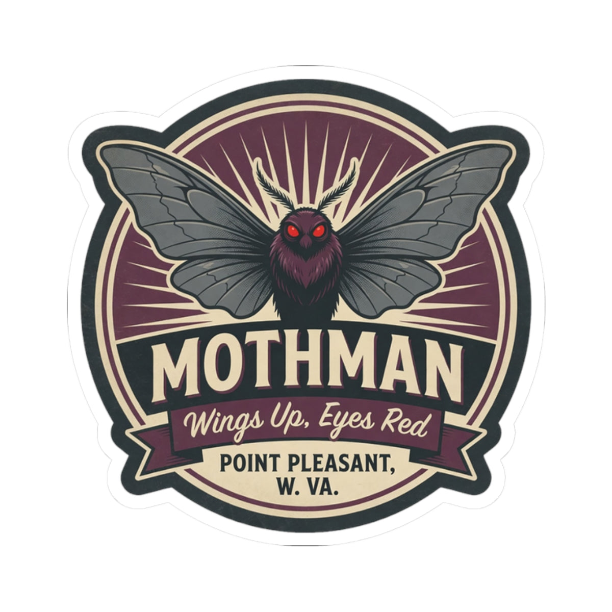 Mothman emblem kiss-cut sticker: round emblem with batlike wings and a red-eyed center