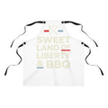 White apron with black ties, patriotic 'Sweet Land of Liberty & BBQ' text