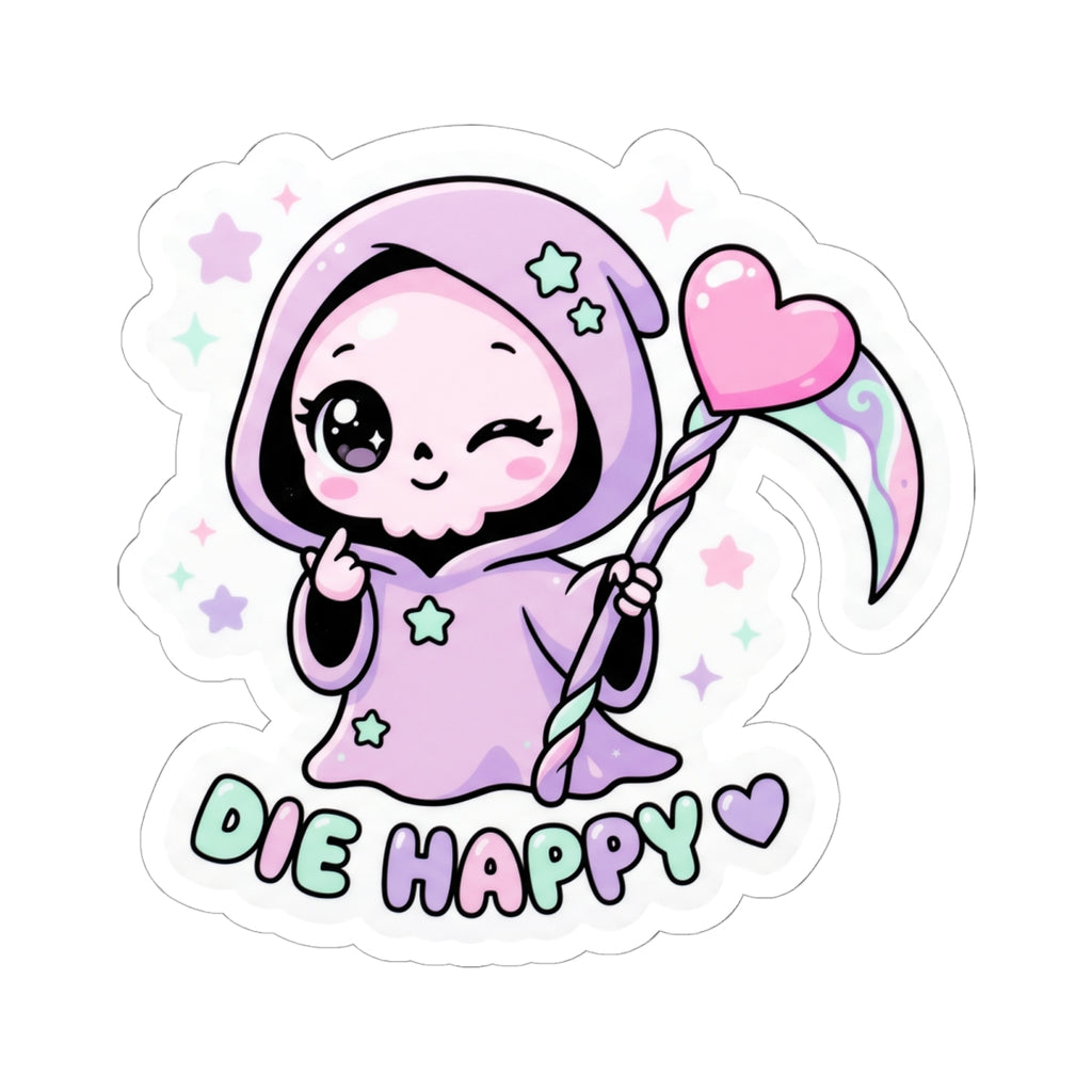 Cute purple grim reaper kiss-cut sticker, sparkles and “Die Happy” text with heart