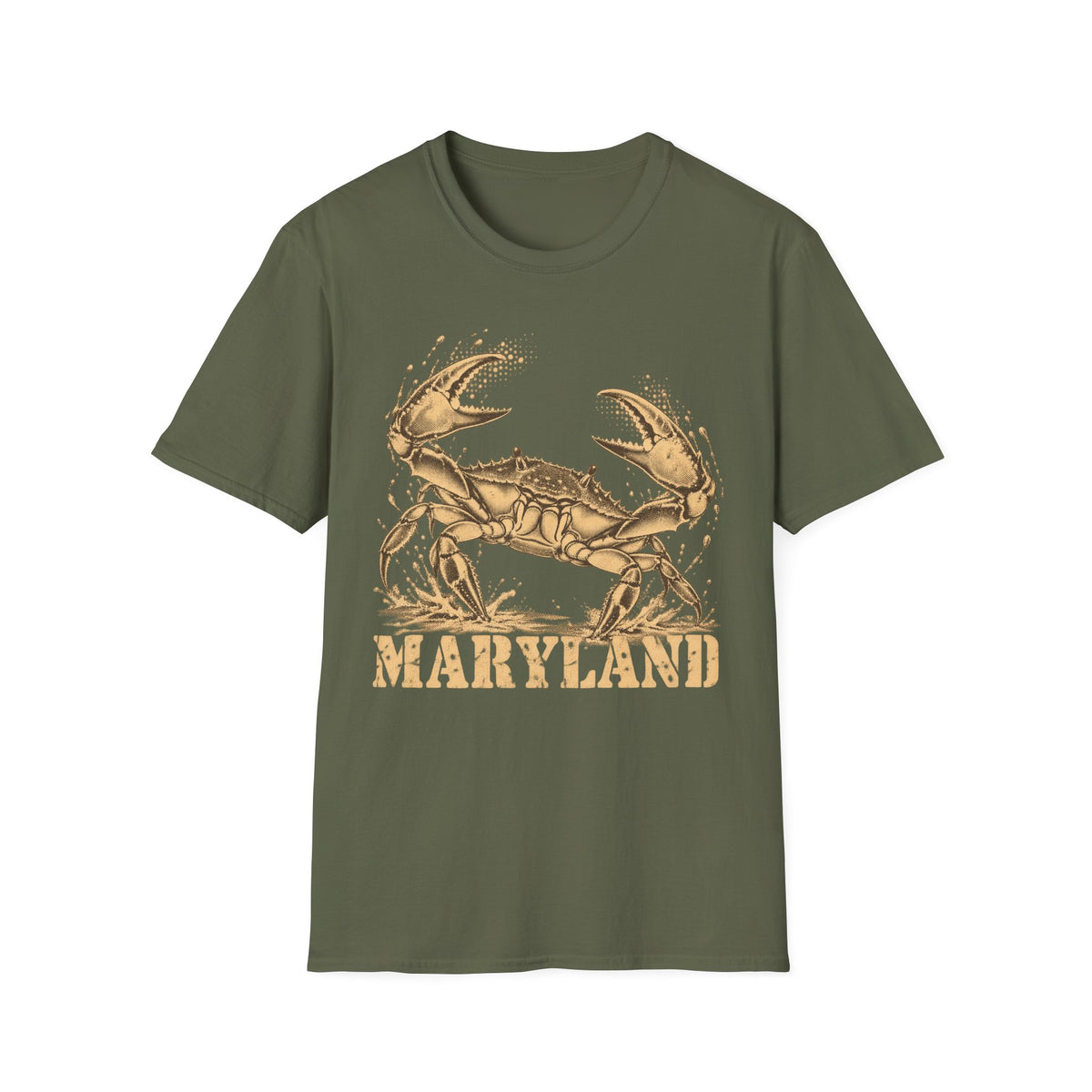 Military green short-sleeve T-shirt with gold crab graphic and “Maryland” text