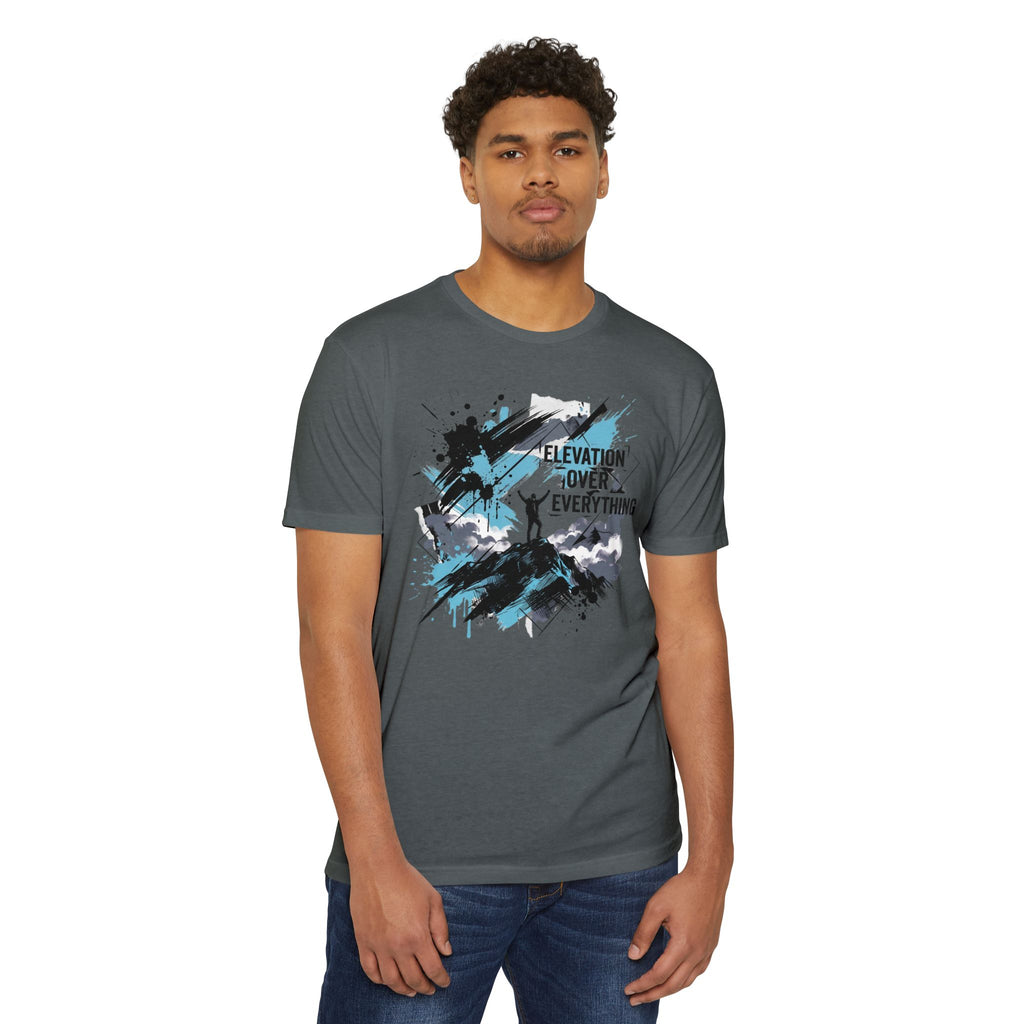 Dark gray crewneck T-shirt with mountain-style elevation graphic across chest.