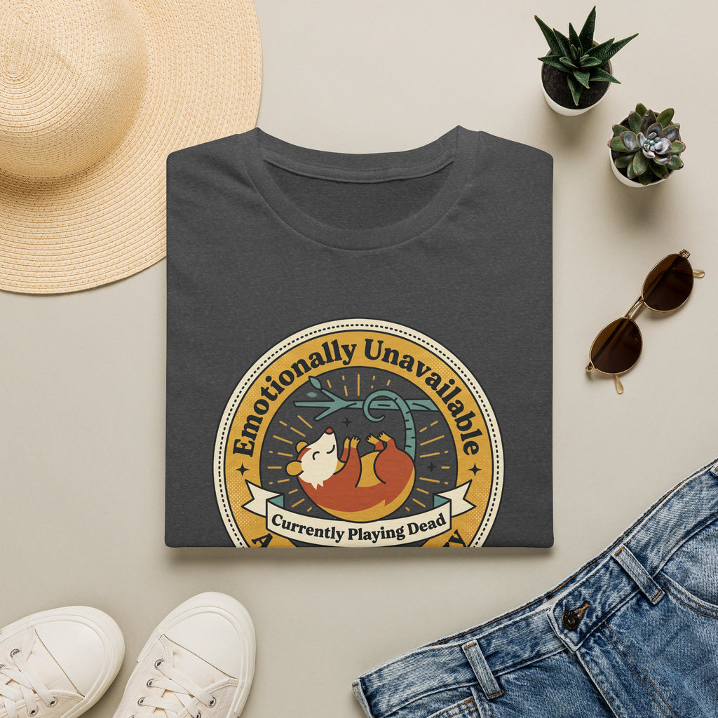 Dark heather T-shirt with round sloth graphic and “Currently Playing Dead” text on front