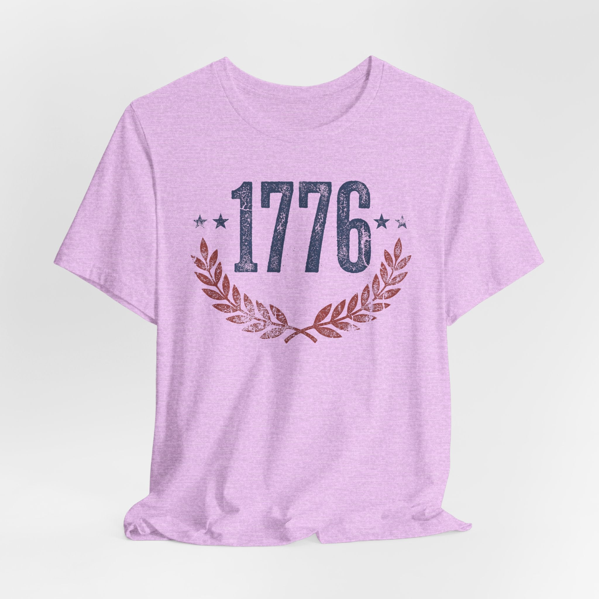 Purple t-shirt with 1776 laurel wreath graphic on the front