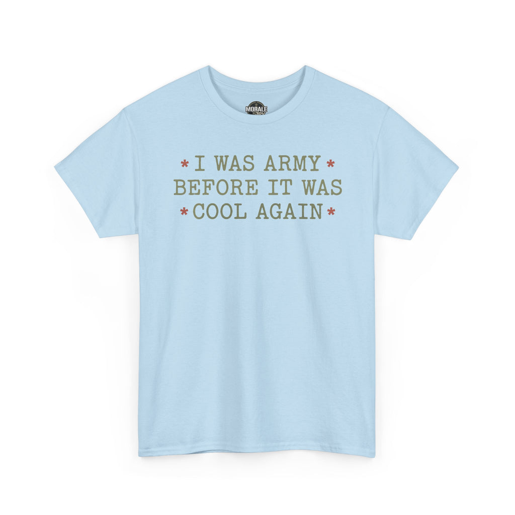 Light blue crewneck T-shirt with short sleeves and front text graphic