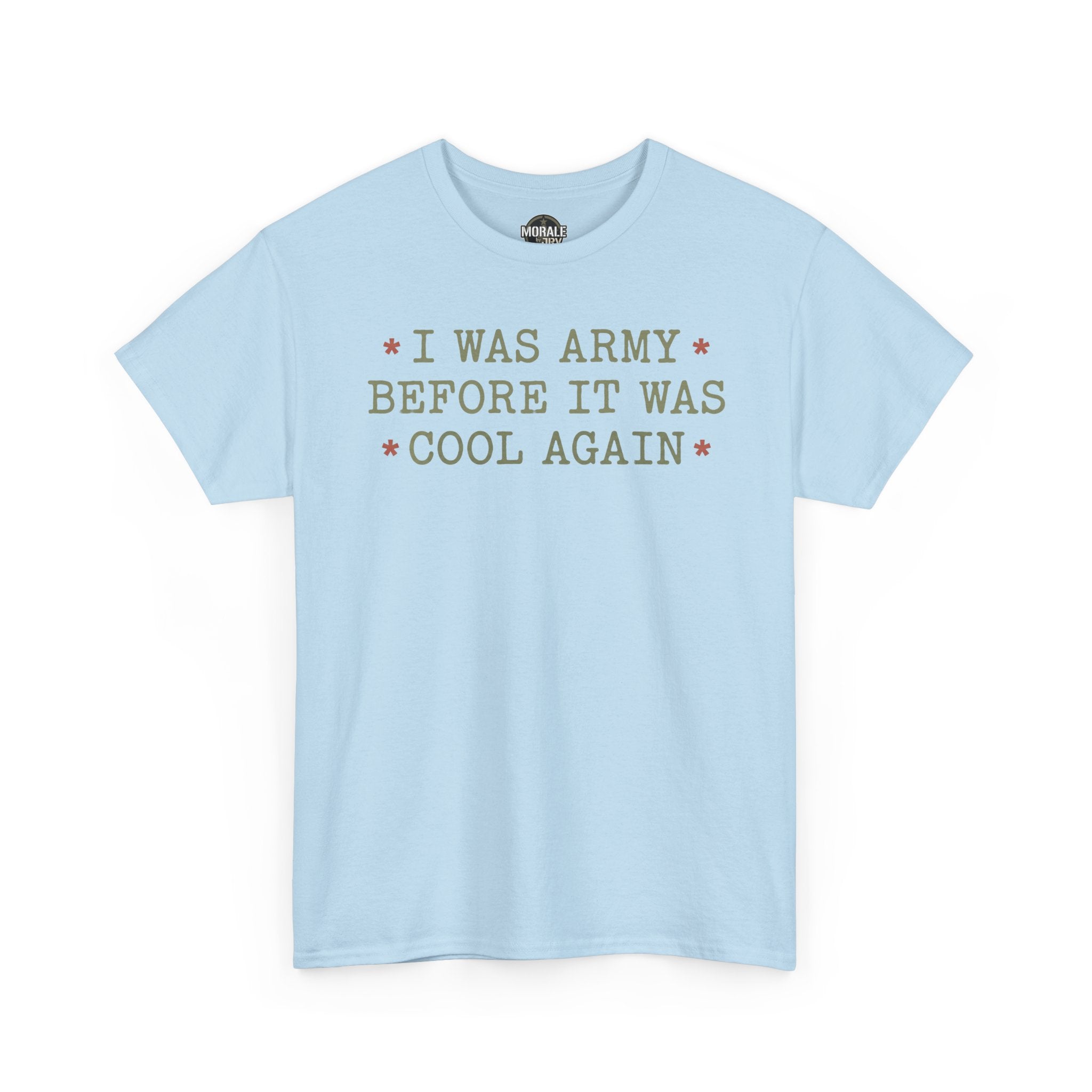 Light blue crewneck T-shirt with short sleeves and front text graphic