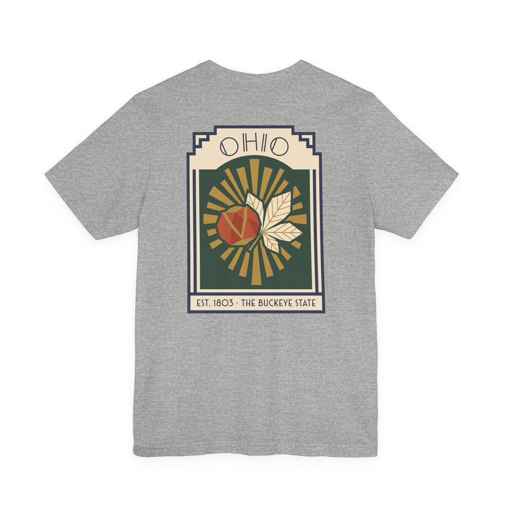 Heather gray T-shirt with Ohio sunburst art deco graphic front