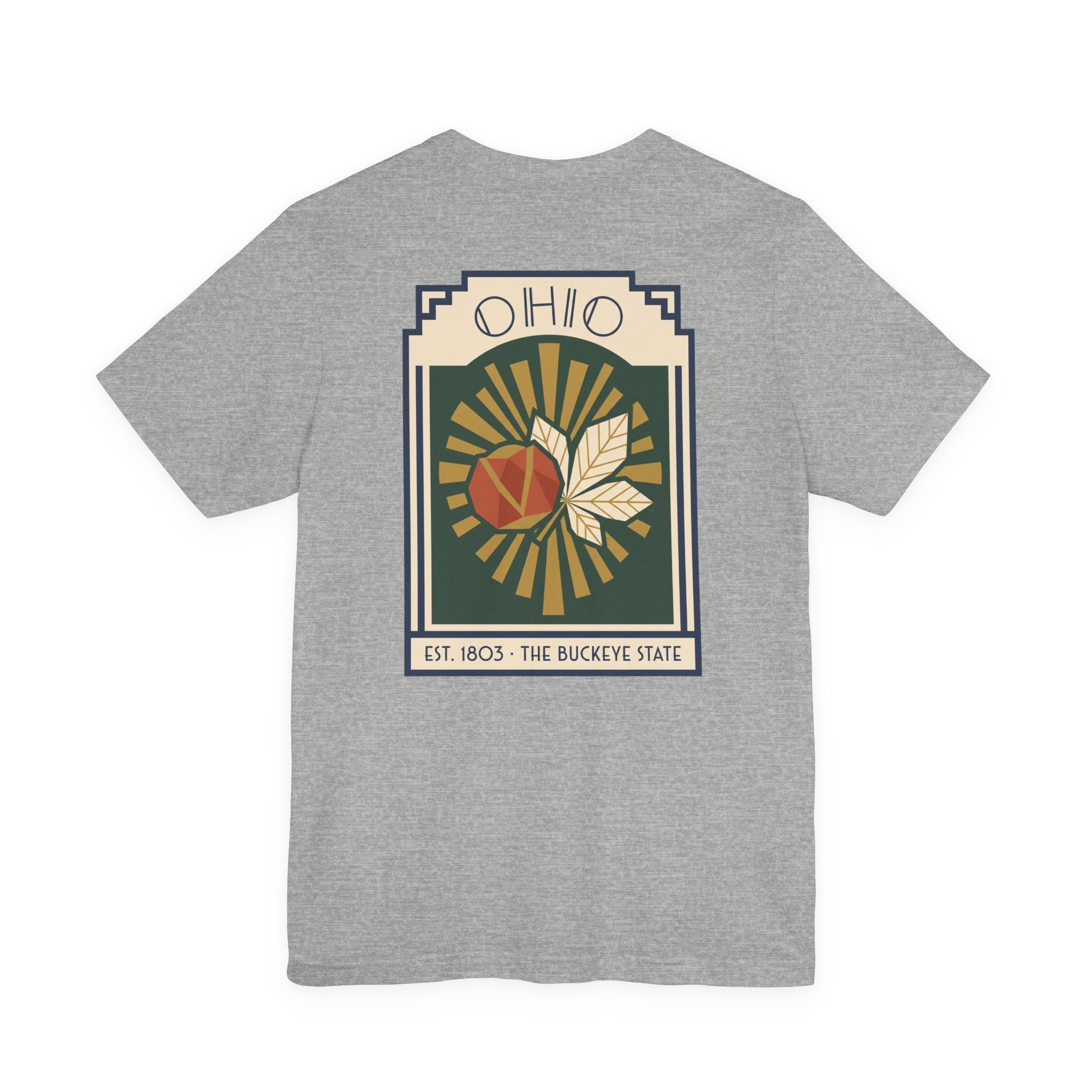 Heather gray T-shirt with Ohio sunburst art deco graphic front