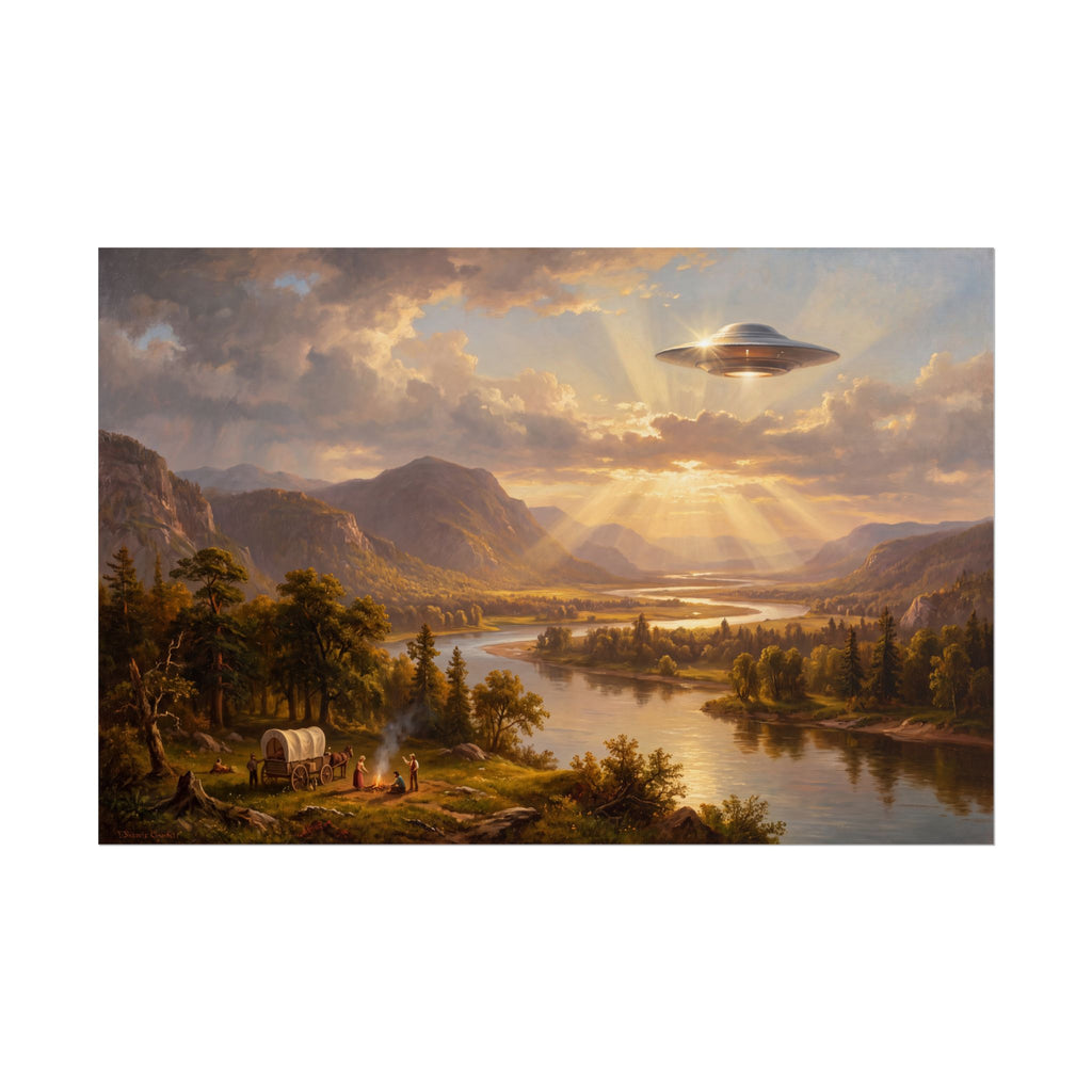 Landscape poster featuring sunset over river valley with a flying saucer in the sky
