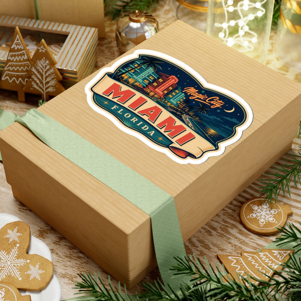 Miami Florida luggage tag sticker on gift box, "Magic City" script and "MIAMI" title