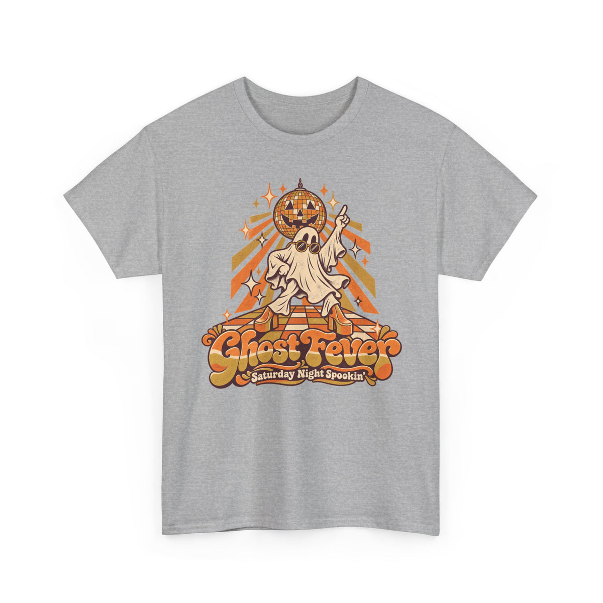 Heather gray Halloween graphic t-shirt with dancing ghost, disco ball, and jack-o-lantern art