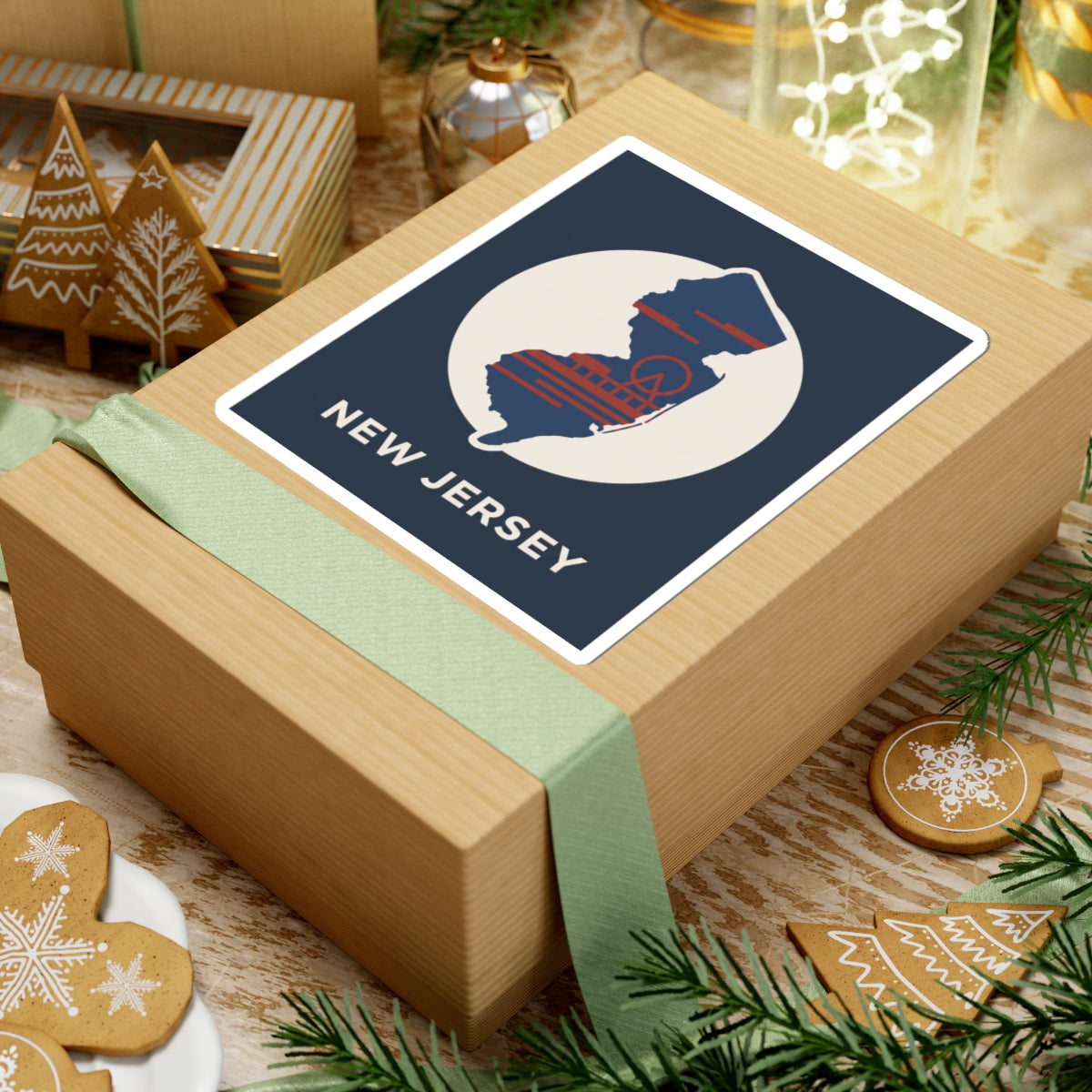 NJ map kiss-cut sticker with navy badge and white circular outline; 'NEW JERSEY' below