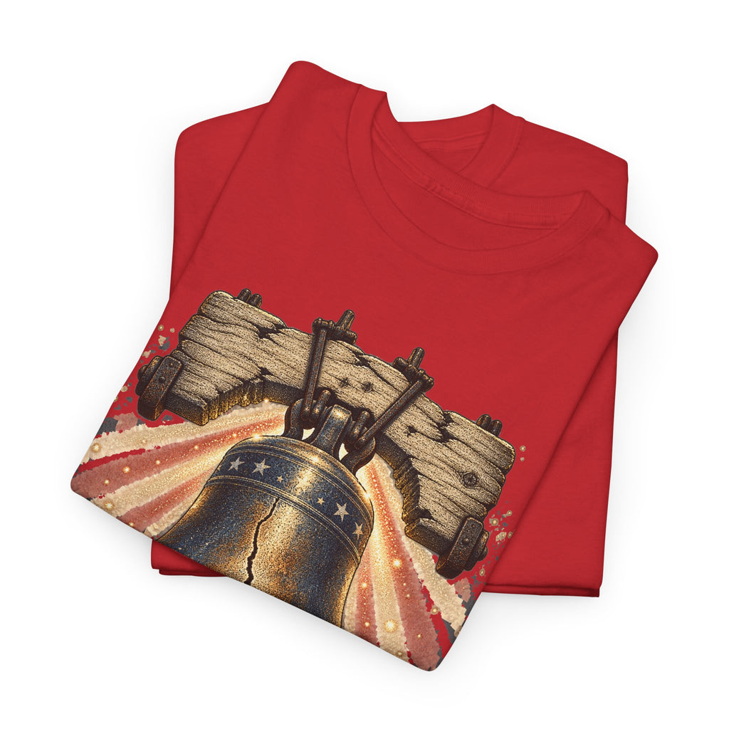 Red short-sleeve t-shirt with liberty bell front graphic and patriotic stars