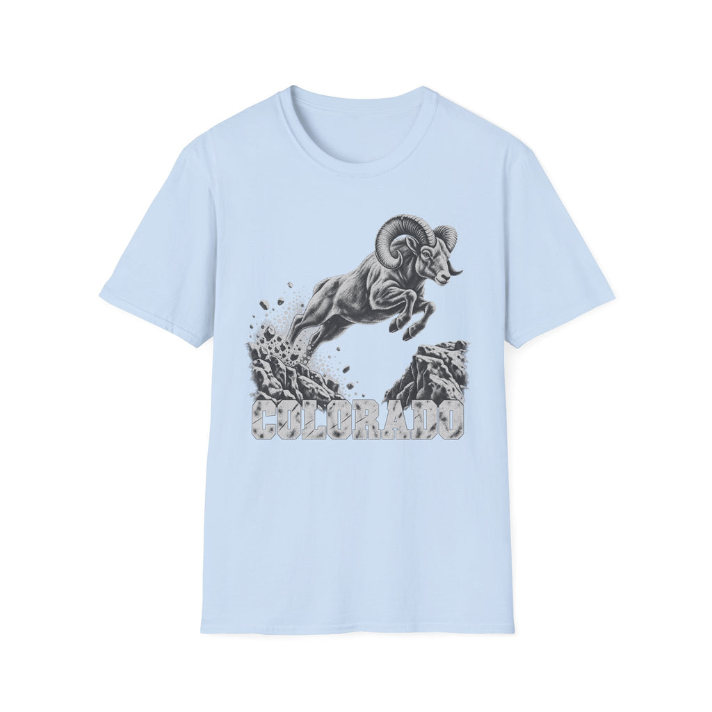 Light blue t-shirt with bighorn sheep and Colorado wildlife graphic on front