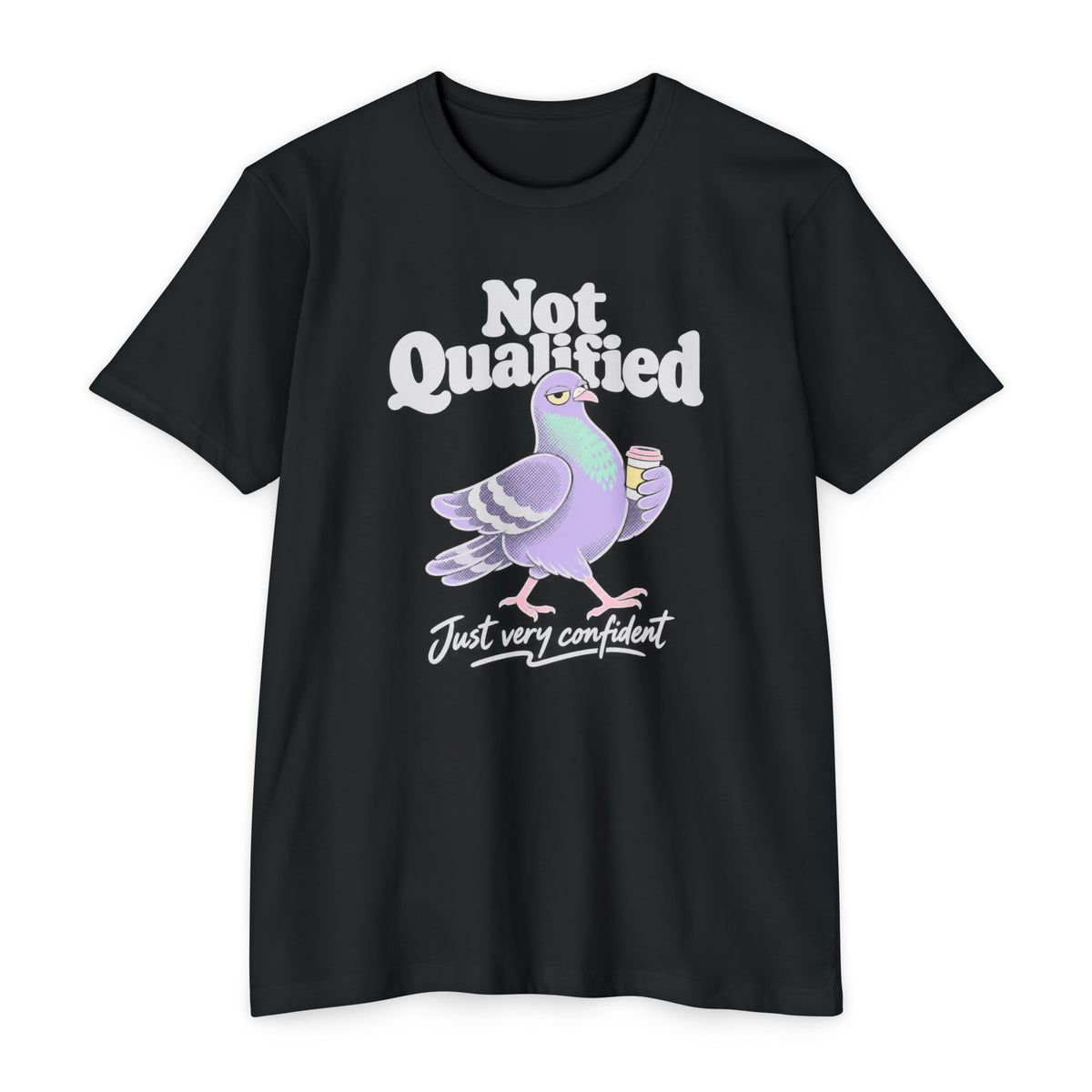 Black crew-neck T-shirt with Not Qualified pigeon graphic