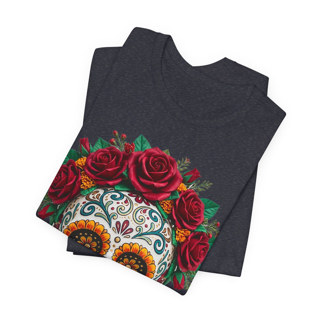 Heather Navy T-shirt with sugar skull face and red rose crown graphic
