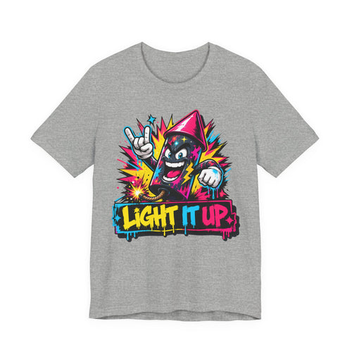 Heather gray T-shirt with colorful graffiti character “Light It Up” graphic on front.
