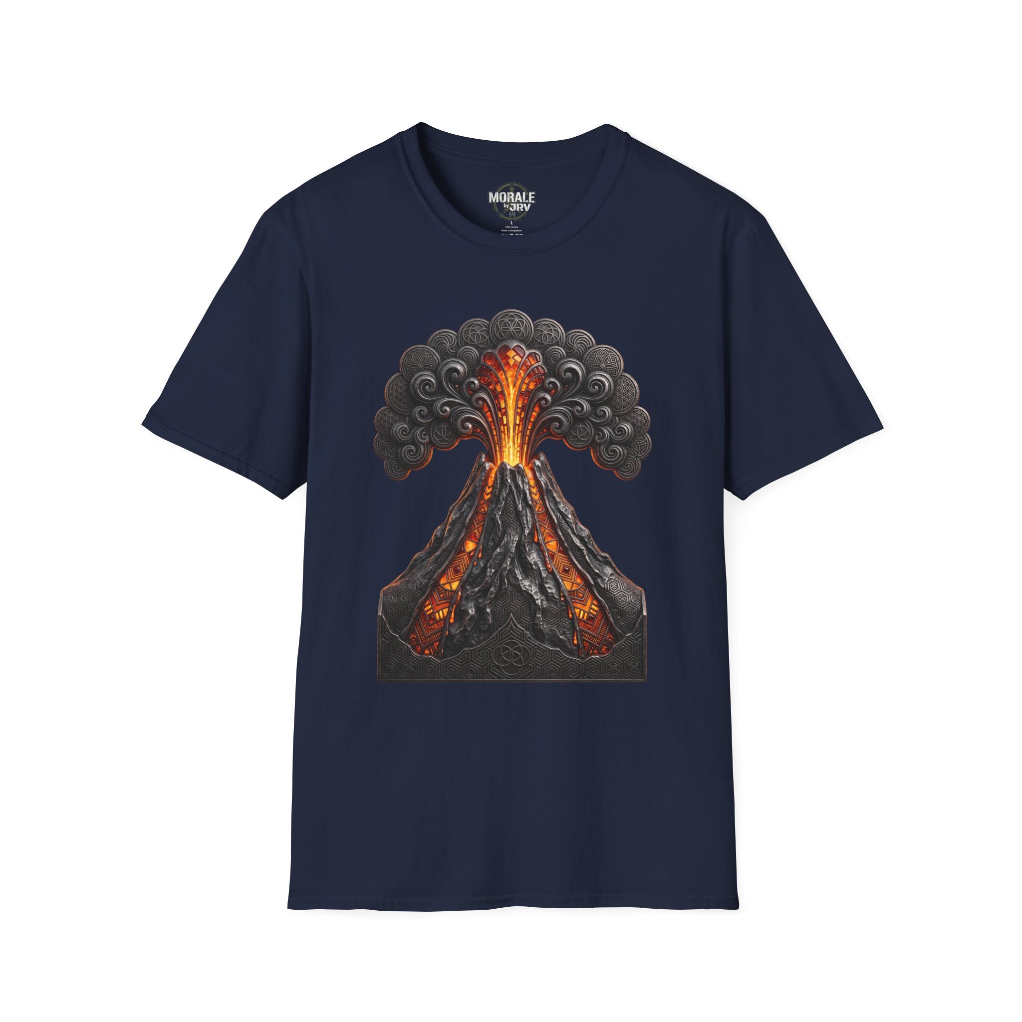 Navy T-shirt with erupting volcano design, orange lava glow and gray smoke