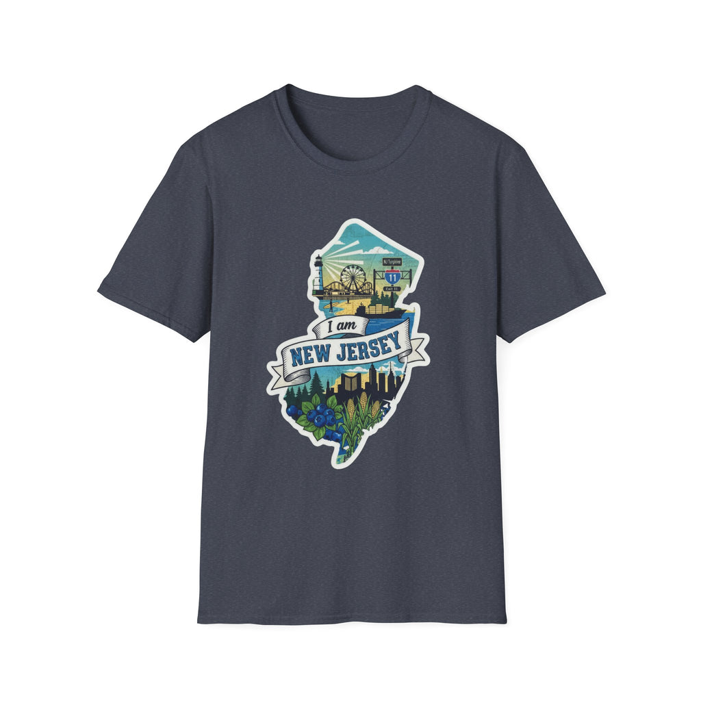 Crew-neck T-shirt, dark heather, with New Jersey map skyline graphic on front.