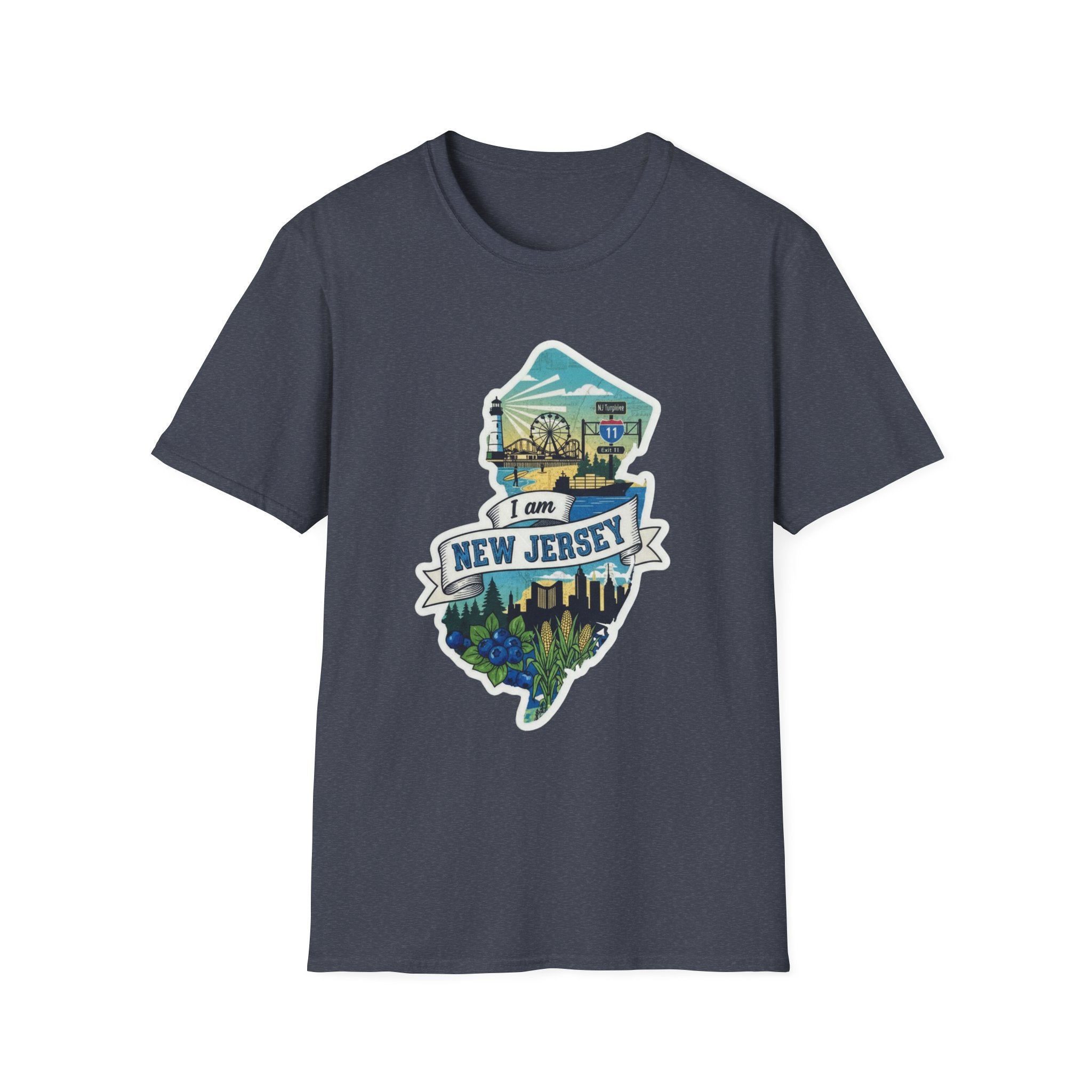 Crew-neck T-shirt, dark heather, with New Jersey map skyline graphic on front.