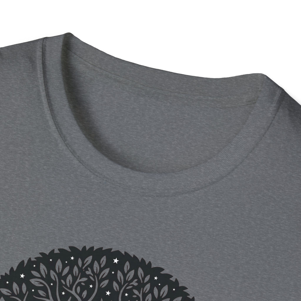 Sport grey heather T-shirt with black tree of life graphic, partial design close-up