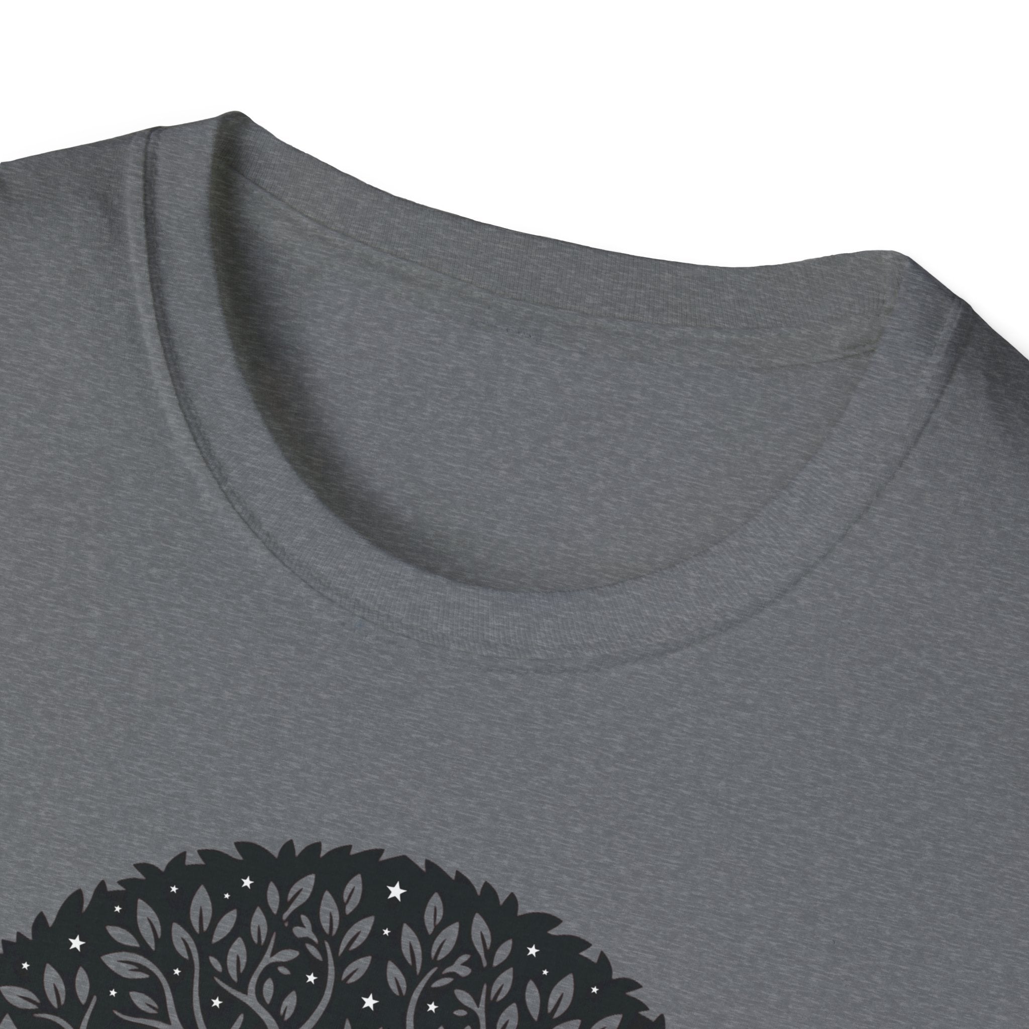 Sport grey heather T-shirt with black tree of life graphic, partial design close-up