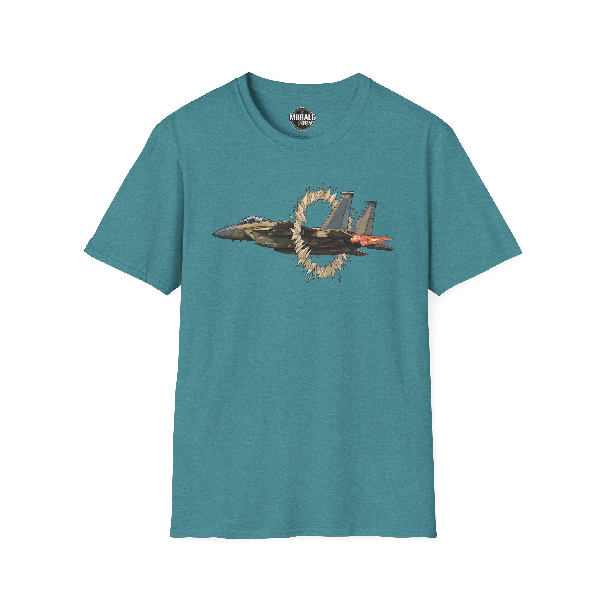Teal t-shirt with fighter jet graphic and ring of fire burst print on chest