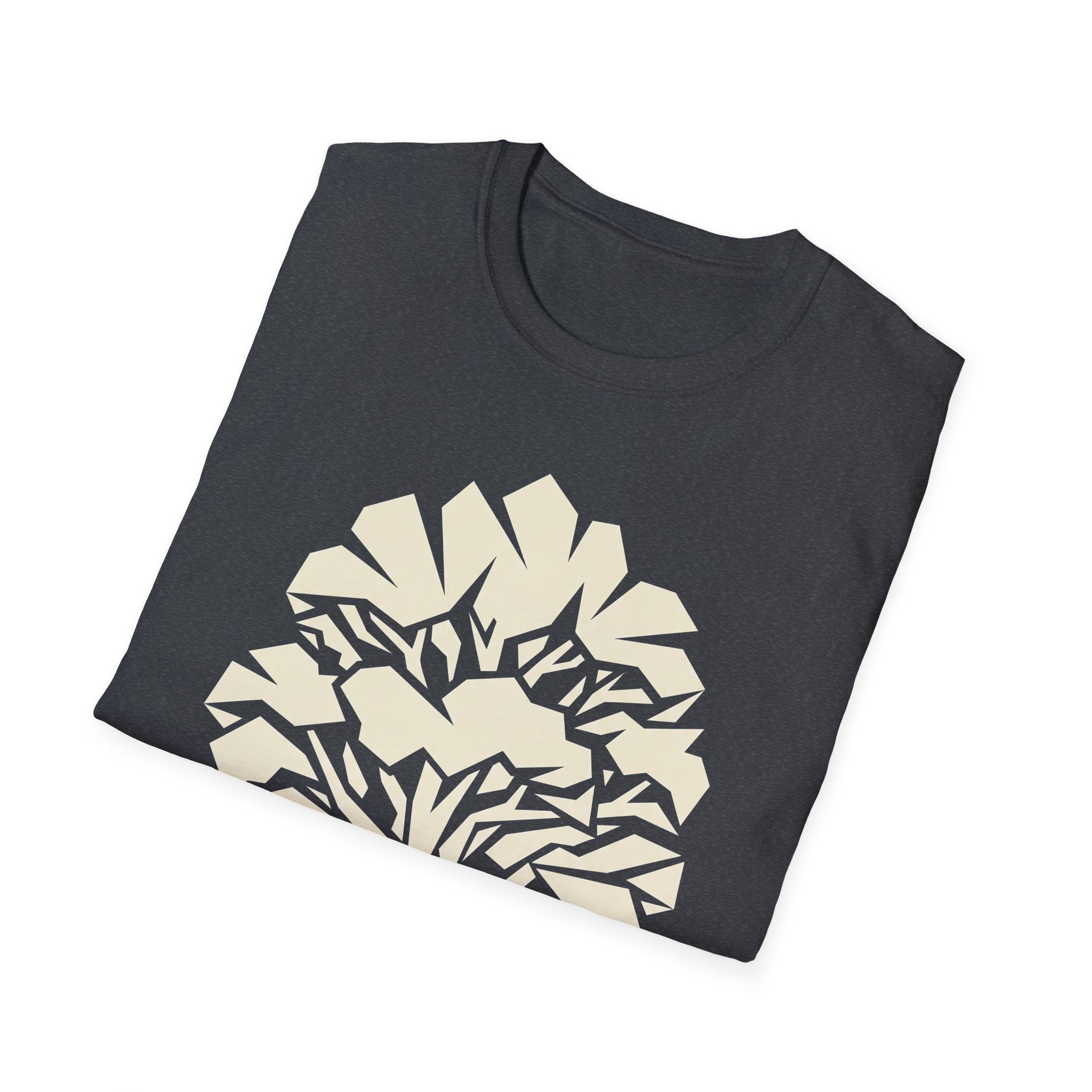 Dark Heather T-Shirt mit geometrischer Baumgrafik, diagonale Ansicht