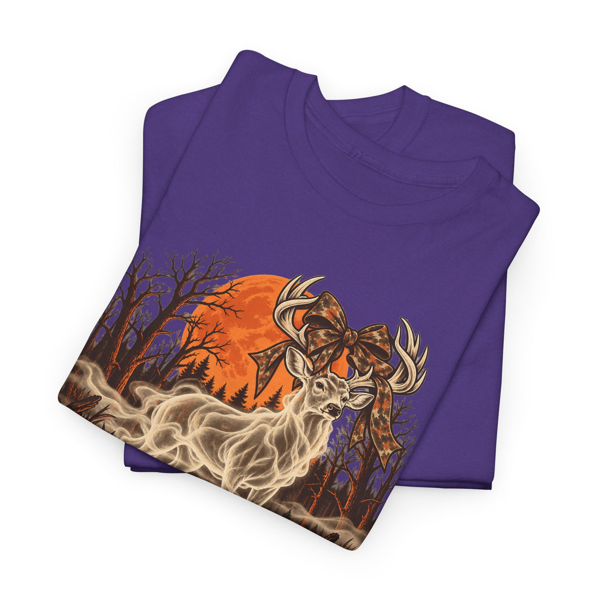 Purple Halloween deer graphic T-shirt with ghost buck and autumn forest print
