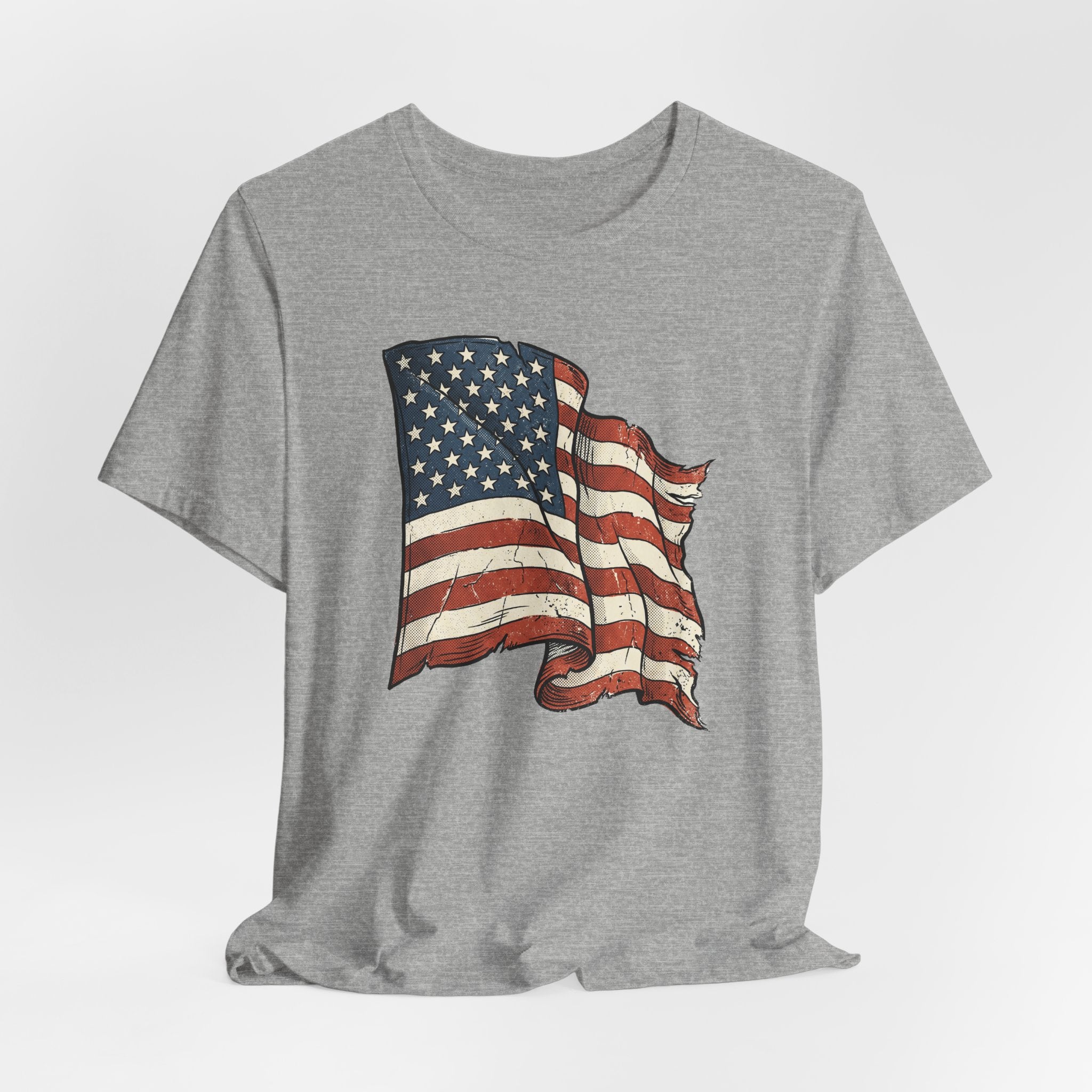 Dark gray crew-neck T-shirt with distressed waving American flag graphic