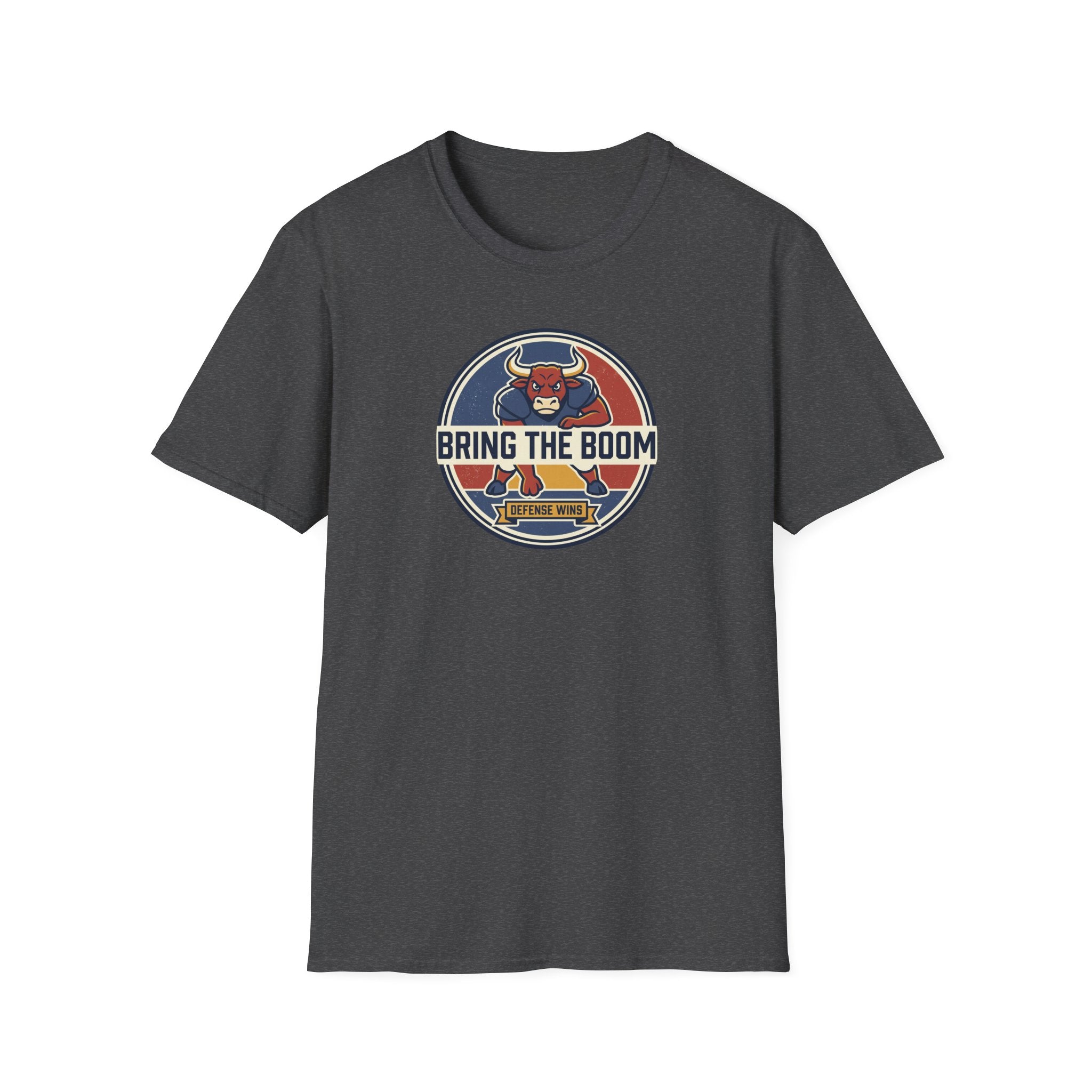 Charcoal crew-neck T-shirt with round bull mascot graphic on the chest