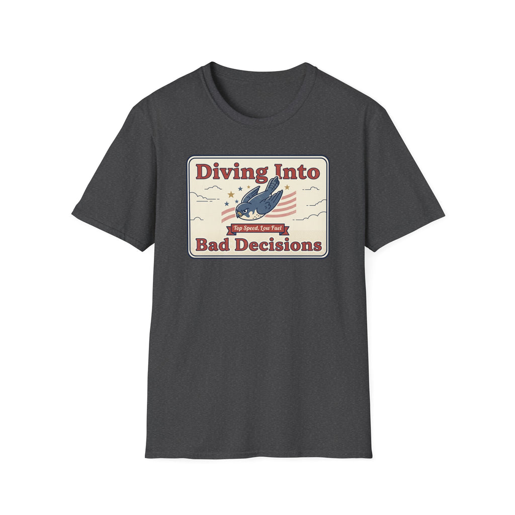Dark gray T-shirt with “Diving Into Bad Decisions” retro shark graphic on front