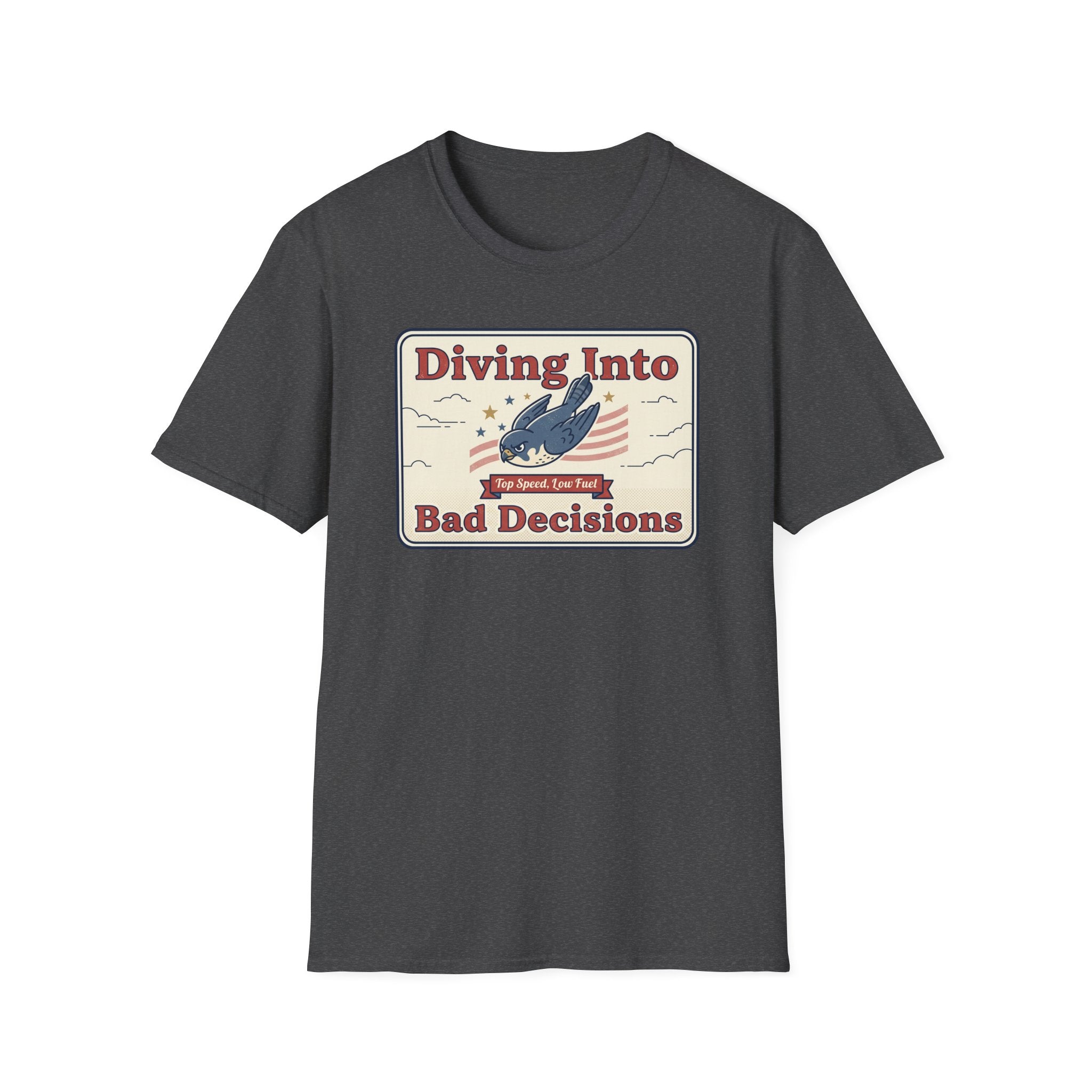 Dark gray T-shirt with “Diving Into Bad Decisions” retro shark graphic on front