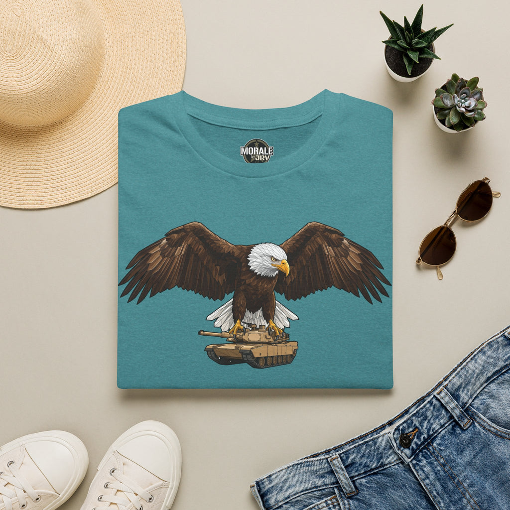 Teal crew-neck t-shirt with bald eagle graphic standing on a flag drum