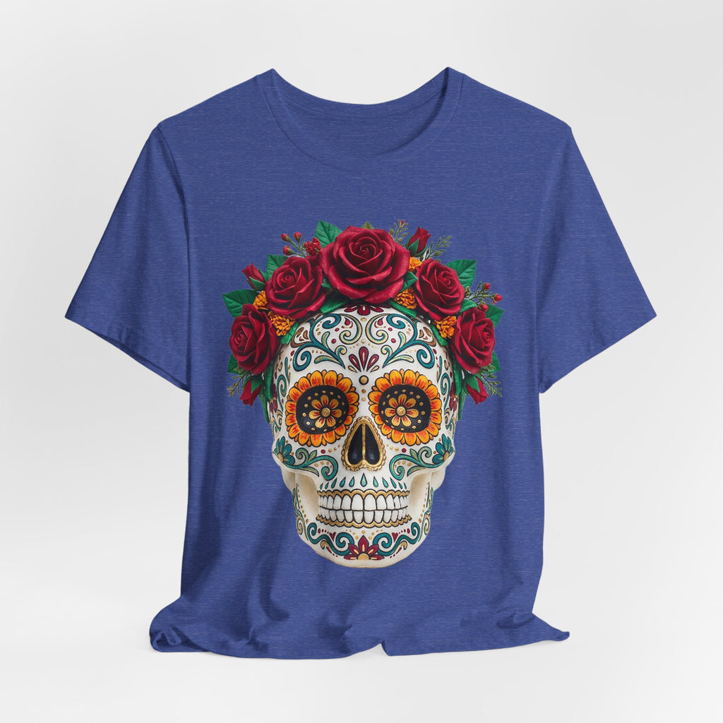 Heather True Royal T-shirt with sugar skull face and red roses crown print