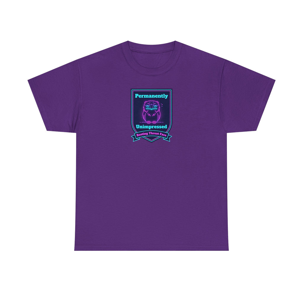 Purple crewneck T-shirt with small rectangular neon robot badge graphic on chest