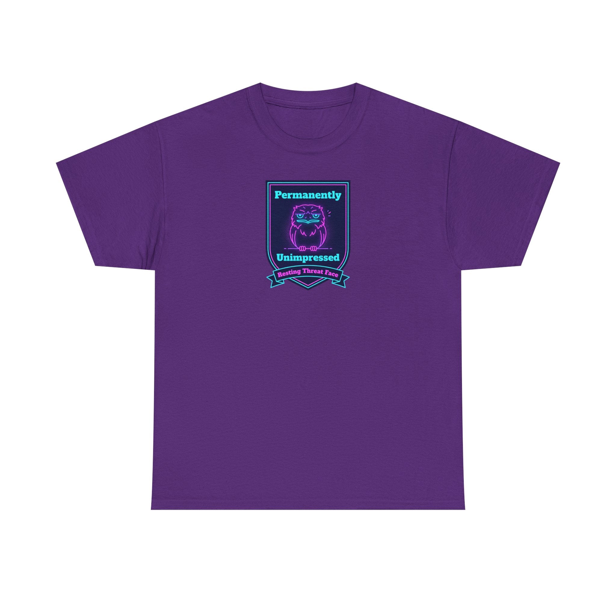 Purple crewneck T-shirt with small rectangular neon robot badge graphic on chest