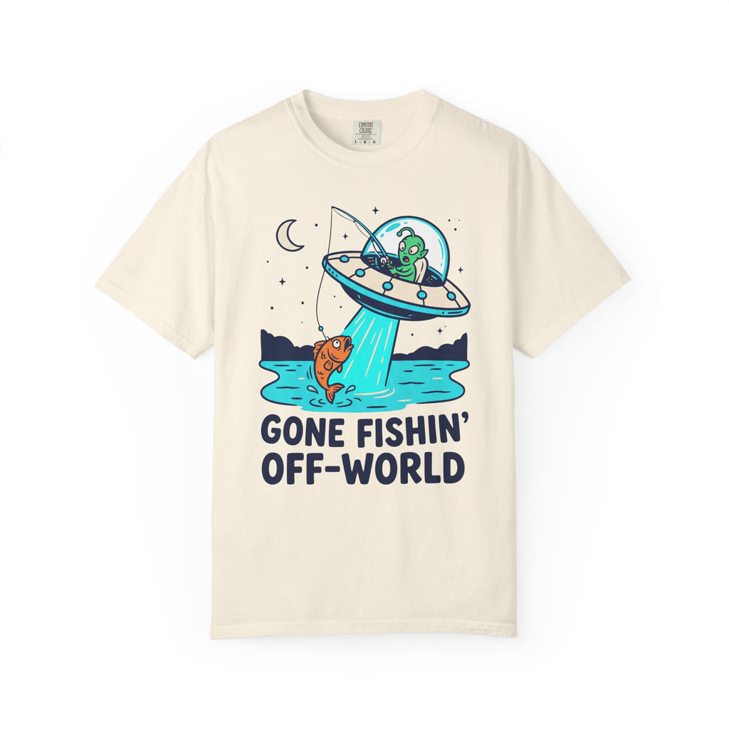 Ivory alien fishing T-shirt with UFO and "Gone Fishin' Off-World" text