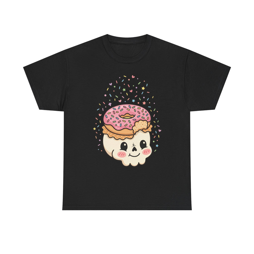Black T-shirt with donut skull face graphic, sprinkles and heart details
