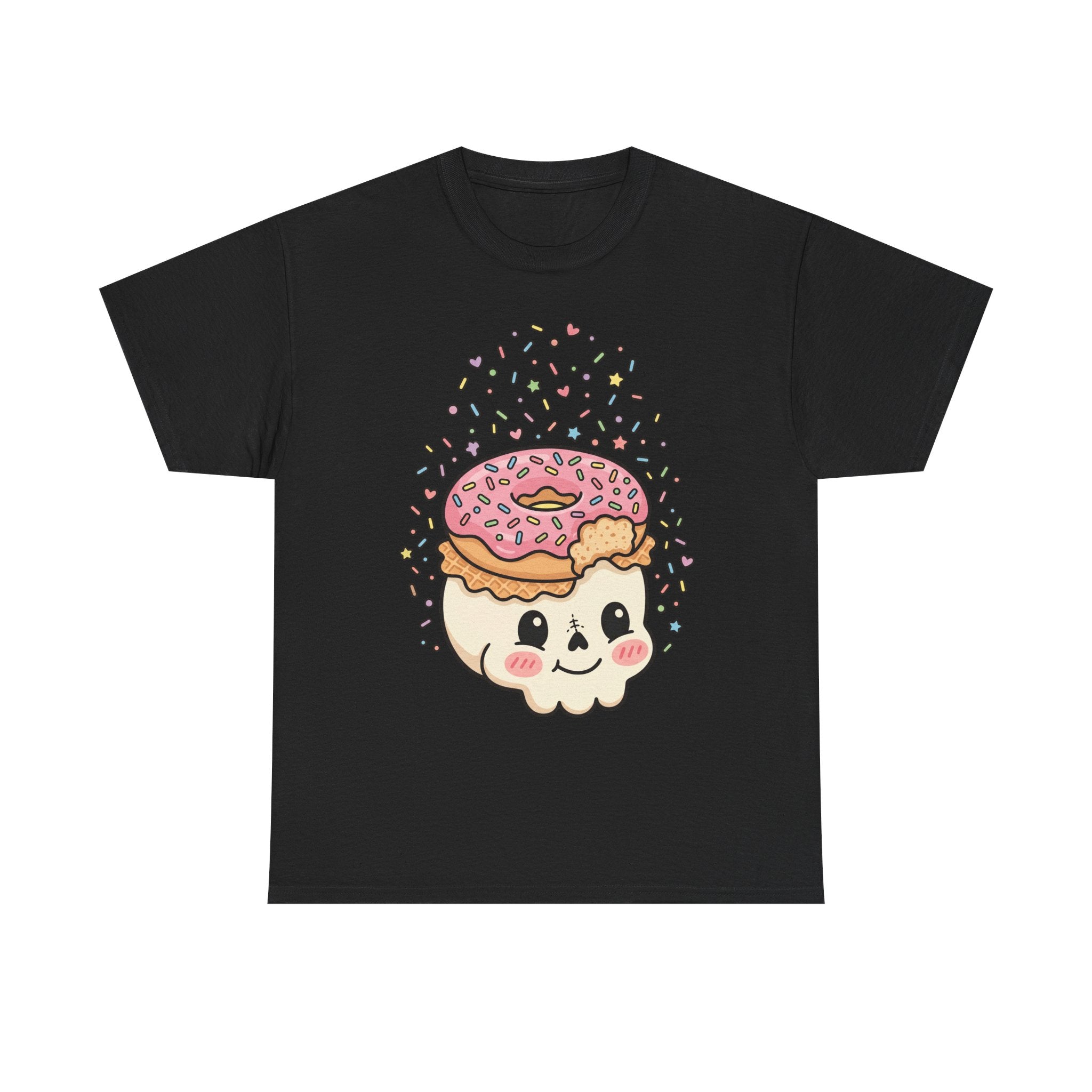Black T-shirt with donut skull face graphic, sprinkles and heart details