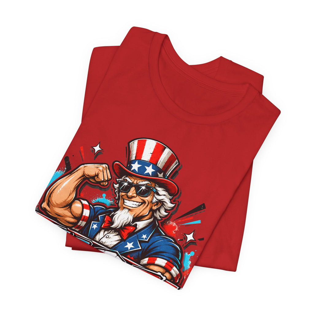 Red muscle t-shirt with patriotic Uncle Sam graphic