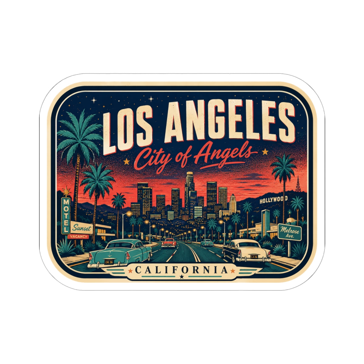 Luggage tag sticker showing Los Angeles skyline, sunset sky, and palm-lined street