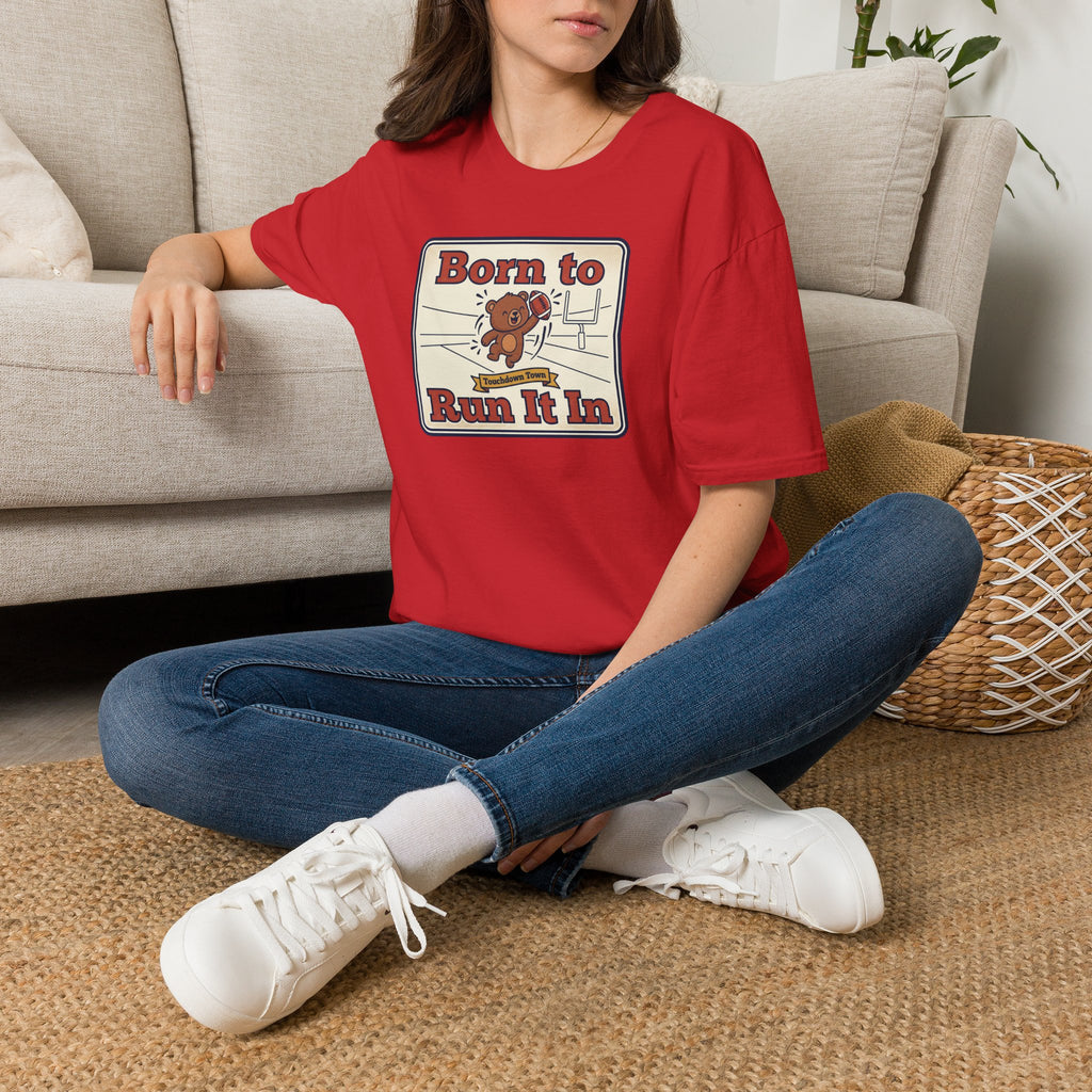 Red crew-neck T-shirt with bear “Born to Run It In” graphic on front